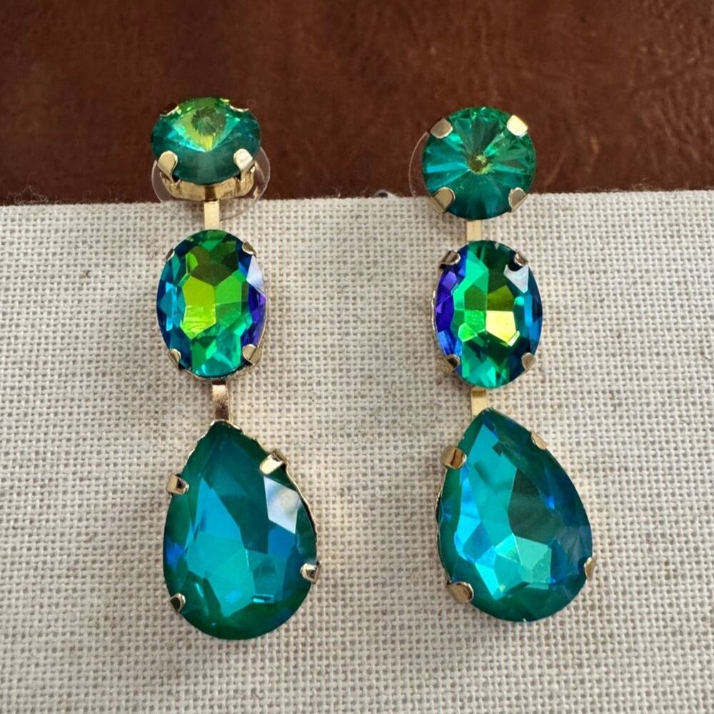 Peacock Blue Green AB Glass Crystal Statement Earrings Gold Tone Teardrop Dangle